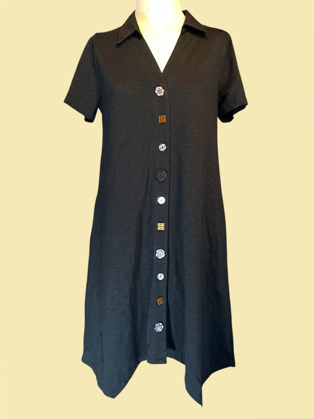 👁️‍🗨️Soft Surroundings Danielle Button Dress Black Cotton Slub Knit Artsy